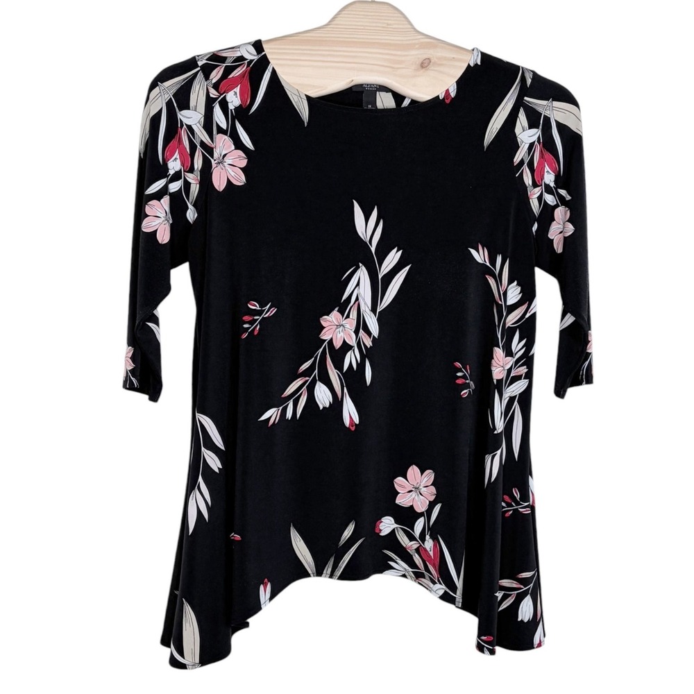 Alfani Woman Tunic Top 1X Black Floral Sharkbite Hem 3/4 Sleeve Boho
